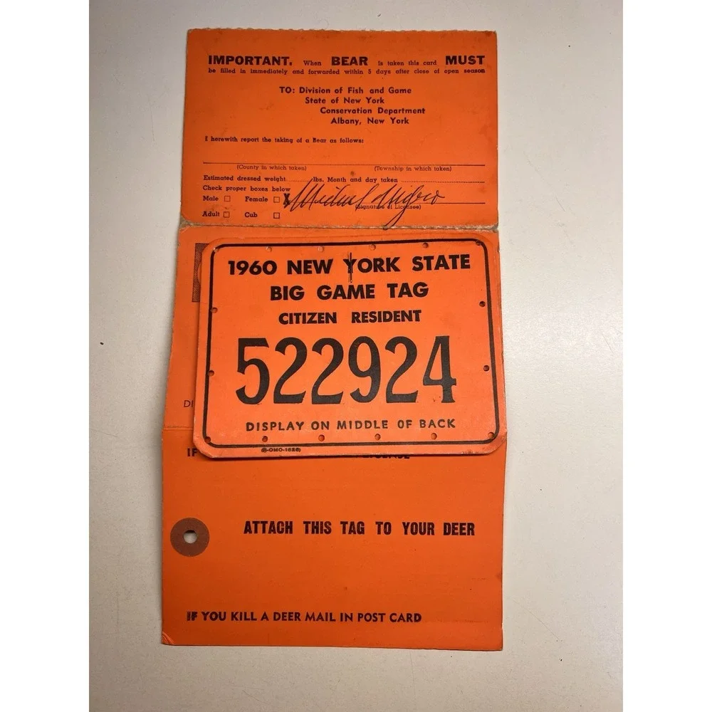 Vintage NYS Big Game Hunting Tags Lot 1956–1962 Deer Bear License Paper Ephemera